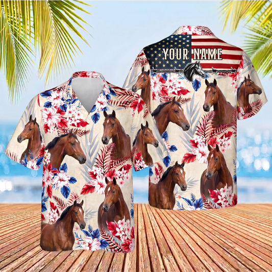 Joycorners Quarter Horse Custom Name US Flag Vintage Red Floral 3D Hawaiian Shirt