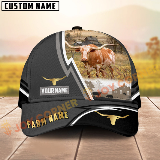 Joycorners Texas Longhorn Black White Country Customized Name Brown Leather Pattern Cap