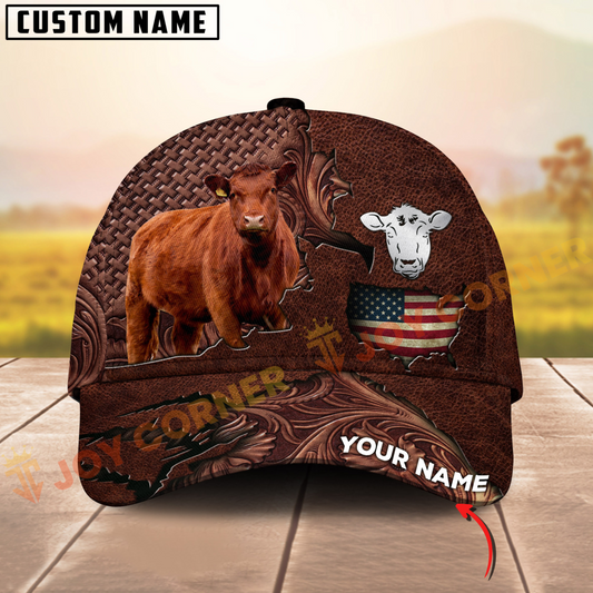Joycorners Red Angus USA Map Leather Pattern Personalized Name 3D Cap