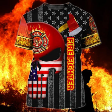 Maxcorners Skull Red American Flag Pattern Firefighter All Over Print Shirt LM1911