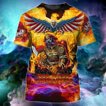 Maxcorners Firefighter God Bless Firefighter Skull 3D Printed Shirt, Idea Gift for Firefighter LM1911