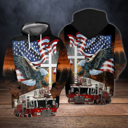 Maxcorners God Blessed Eagle Flag and Fire Truck Firefighter 3D All Over Print Shirt LM1911