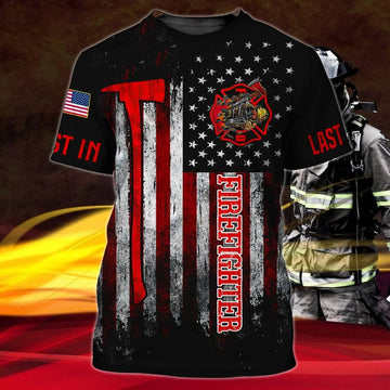 Maxcorners Firefighter First In Last Out Us 3D TShirt, Firefighter in My Heart With Red Axe Shirt LM1911