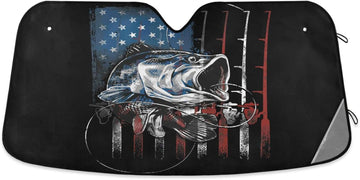 Joycorners Gredecor Windshield Sun Shade Retro Bass Fish Sun Visor Fishing American Flag Sunshades Protector Blocks UV Rays