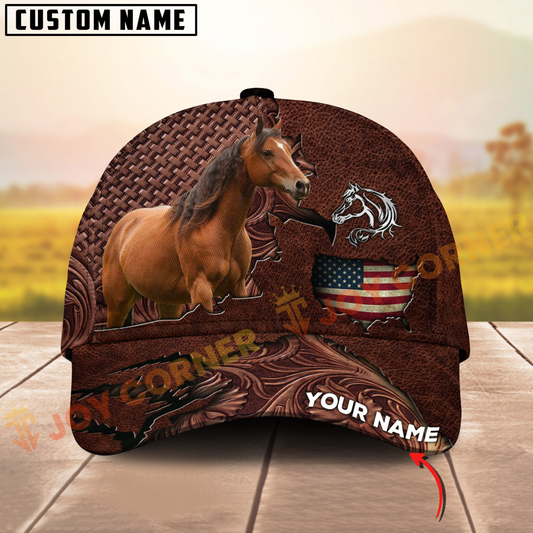 Joycorners Horse USA Map Leather Pattern Personalized Name 3D Cap