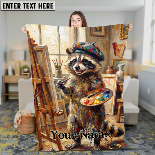 Joycorners Creative Raccoon Artist Painting on Canvas Oil Art Personalized 3D Blanket