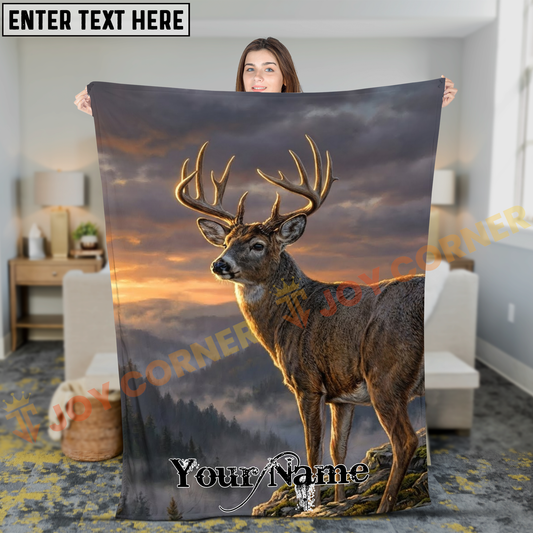 Joycorners Majestic Whitetail Buck Misty Sunset Mountain Personalized 3D Blanket
