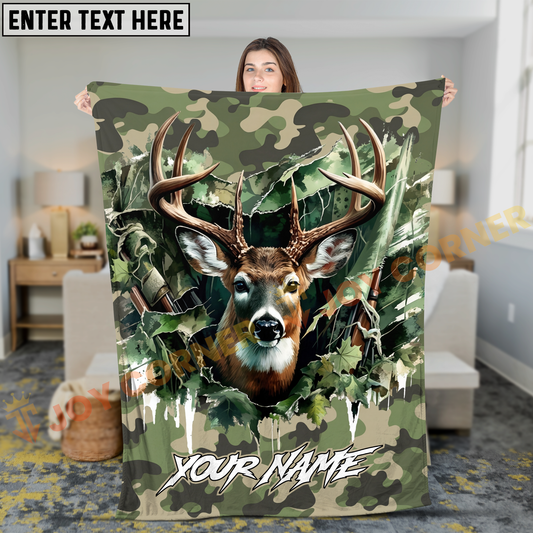 Joycorners Whitetail Deer Breakthrough Woodland Camo Personalized 3D Blanket