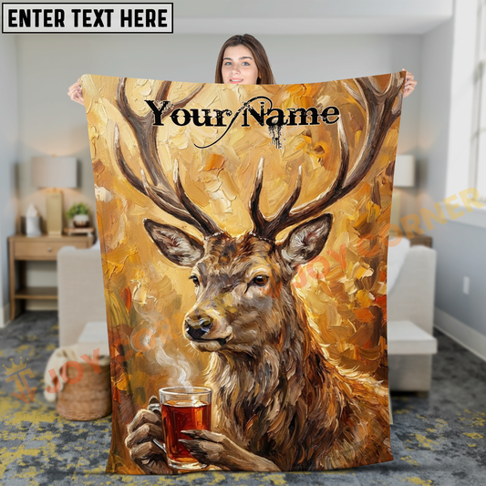 Joycorners Cozy Oil Painting Stag Drinking Hot Tea Personalized 3D Blanket