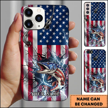 Joycorners Pike Fishing Phone Case American Flag Lightning Design Personalized Name 3D Phone Case