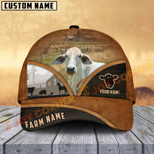 Joycorners Brahman Farm Country Customized Name Brown Leather Pattern Cap