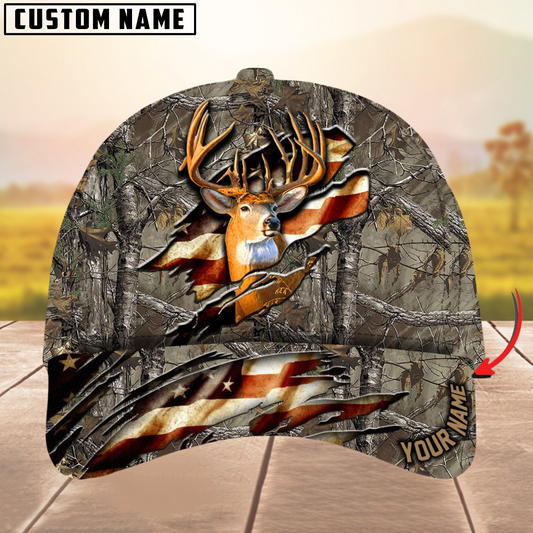 Joycorners Deer Hunting Eternity Cracked Flag Multicolor Personalized Name 3D Cap
