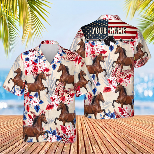 Joycorners Hackney Horse Custom Name US Flag Vintage Red Floral 3D Hawaiian Shirt