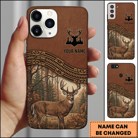 Joycorners Artist Hunting Deer Zipper Leather Brown Forest Scene Personalized Name Phone Case