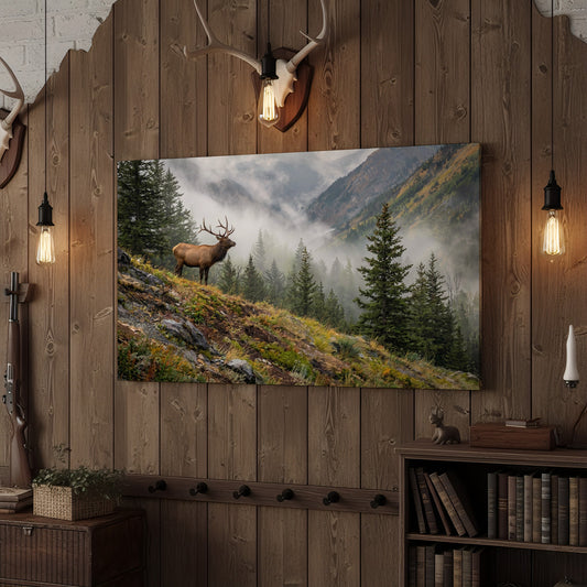 Joycorner Majestic Elk Mountain Ridge Misty Forest Landscape Canvas