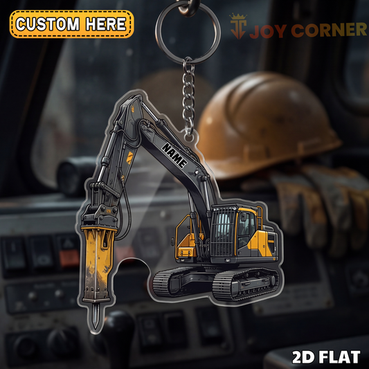 Joycorners Excavator 2D Keychain Yellow Black Hydraulic Breaker Attachment Personalized Name