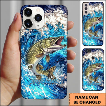 Joycorners Pike Jumping Out Of Ocean Wave Blue Splash Art Personalized Name Phone Case