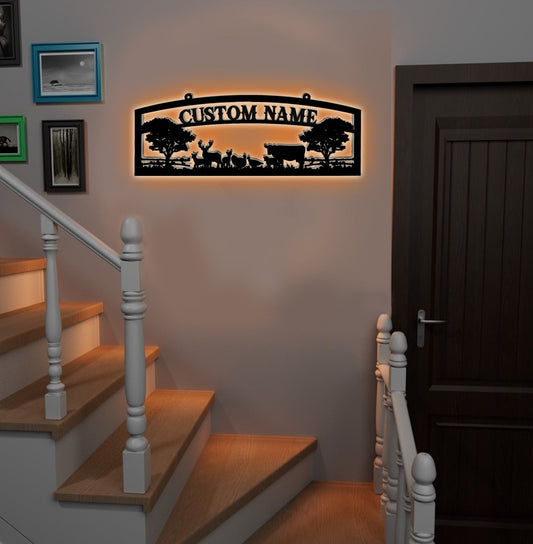 Maxcorners Personalized Farm Metal Sign WITH LED/WITHOUT LED - Rustic Ranch Name Sign with Livestock, Deer & Trees for Barn, Cabin & Outdoor Decor MT0110