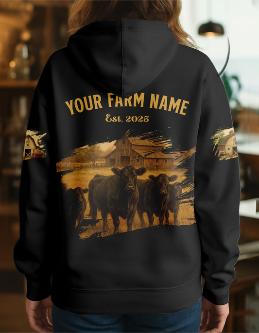 Joycorners Black Angus Farm Life Black Cattle Personalized Name, Farm Name Unisex 3D Hoodie