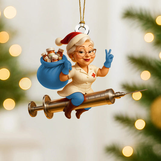 Joycorners Funny Nurse Christmas Ornament, Custom Healthcare Worker Ornament, Santa Nurse Riding Syringe, Unique RN Xmas Gift | Blue
 2D Flat LM1711