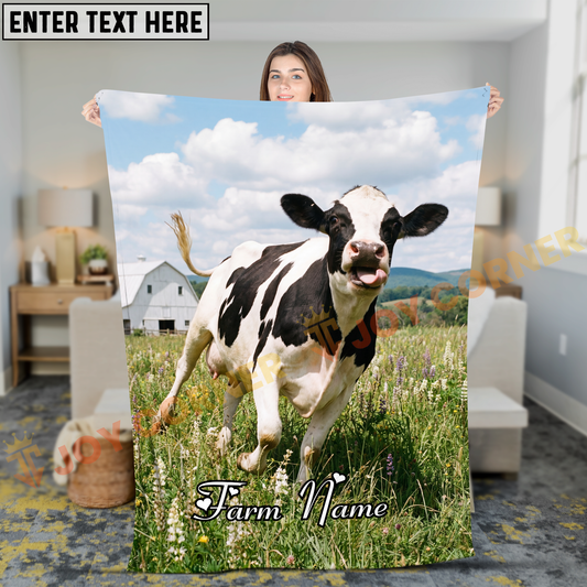 Joycorners Holstein Cow With Wheat Stalk In Wildflower Pasture Personalized Name Blanket