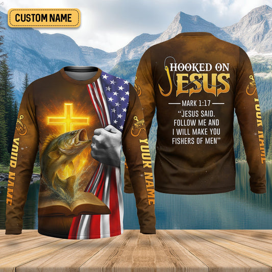 Joycorners Hooked On Jesus Mark 1:17 Fishing UPF Shirts, Jesus Fishing Shirt, Fishing Shirt For Men