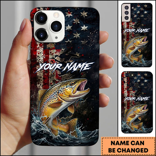 Joycorners Trout Fishing Phone Case  Vintage USA Flag Grunge Wave Art Personalized Name Phone Case