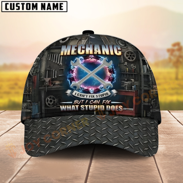 Joycorners Mechanic 3D Energy Cap – Blue Wrench Emblem, Diamond Plate Brim, Custom Name Garage Hat