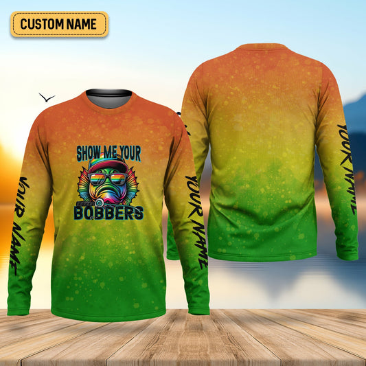 Joycorners Show Me Your Bobbers Shirt, Green Yellow Orange Men Fishing Shirt, Funny Fishing Shirt, SPF Shirt