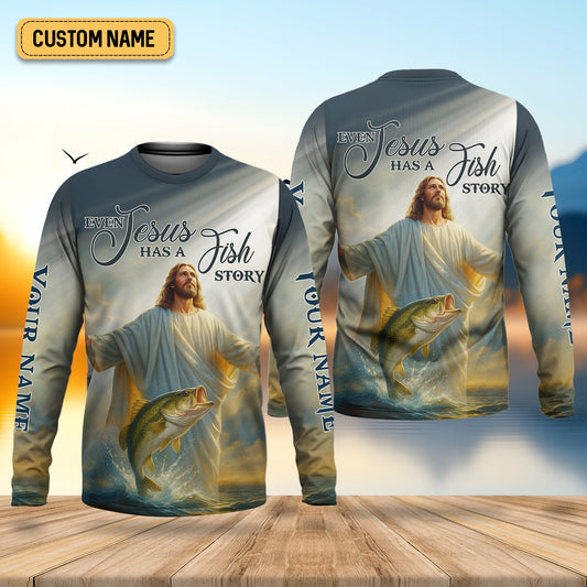 Joycorners Even Jesus Has A Fish Story Funny Fishing Shirt, SPF Shirt For Men, Men Long Sleeve Shirt