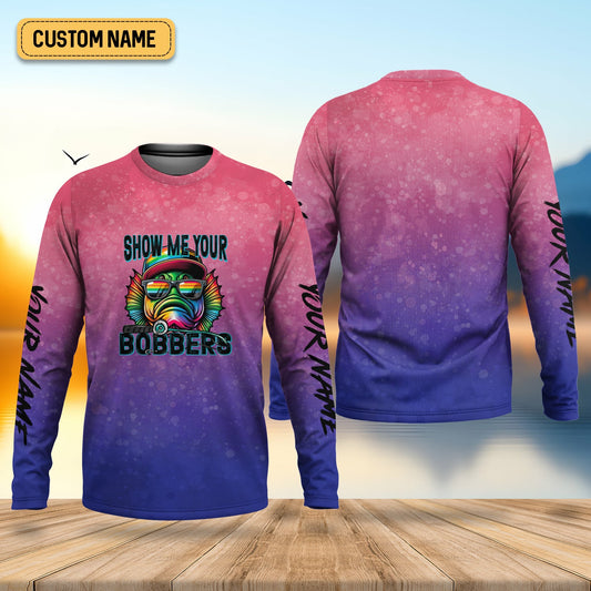 Joycorners Show Me Your Bobbers Shirt, Pink Purple Neon Men Fishing Shirt, Funny Fishing Shirt, SPF Shirt