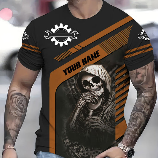 Joycorners Personalized Mechanic Shirt Custom Name Skull Wrench Auto Repair Garage Workwear Tee Car Repair Shirt Gift For Men Dad Husband Boyfriend PT2609