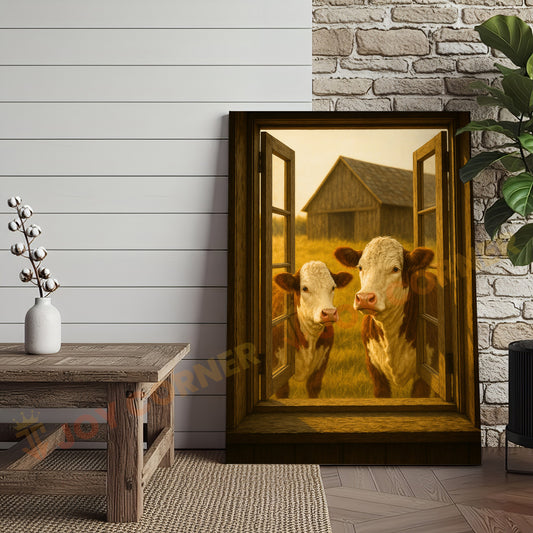 Joycorners Hereford Cows Peeking Through Farm Window Rustic Country Wrapped Canvas Wall Art