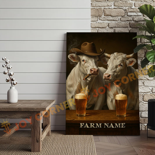 Joycorner White Charolais Cowboy Beer Bar – Personalized Farm Name 3D Wrapped Canvas
