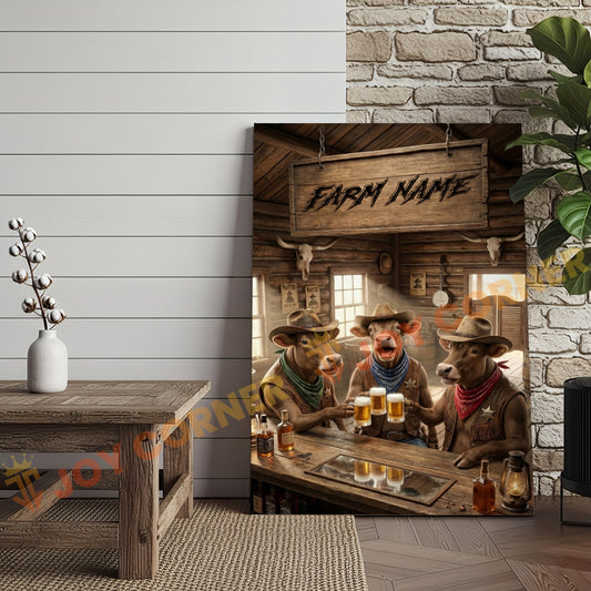 Joycorner Brown Swiss Cow Trio Western Saloon Beer Cheers Rustic Bar Sign Customized Farm Name Canvas