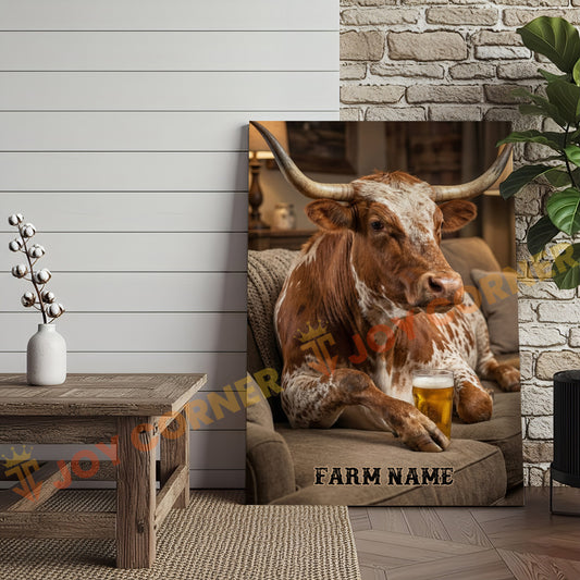 Joycorners Cattle Cow Cozy Farmhouse Texas Longhorn Cow Relaxing On Sofa Personalized Name Canvas