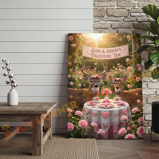 Joycorners Valentine Deer Couple Tea Party Floral Garden Personalized Name Canvas