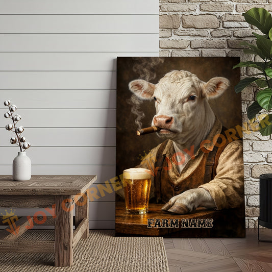 Joycorners Cattle Cow Farmhouse Charolais Cow Drinking Beer Personalized Name Canvas