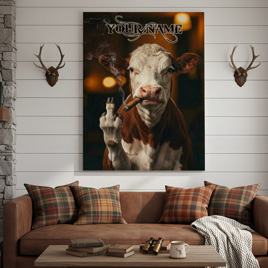Joycorner Hereford Smoking Cow Flipping Finger Attitude Wall Art Custom Name Rustic Canvas