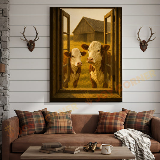 Joycorners Hereford Cows Peeking Through Farm Window Rustic Country Wrapped Canvas Wall Art
