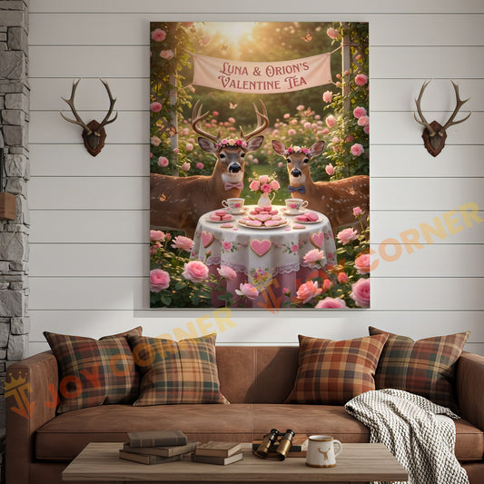 Joycorners Valentine Deer Couple Tea Party Floral Garden Personalized Name Canvas