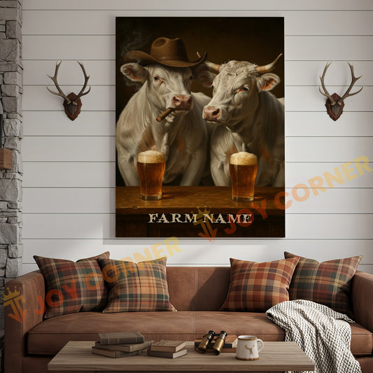 Joycorner White Charolais Cowboy Beer Bar – Personalized Farm Name 3D Wrapped Canvas