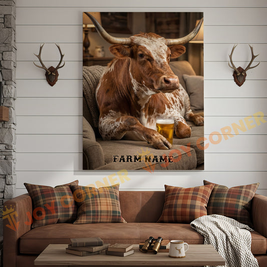 Joycorners Cattle Cow Cozy Farmhouse Texas Longhorn Cow Relaxing On Sofa Personalized Name Canvas
