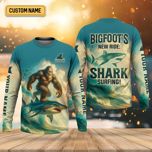 Joycorners Bigfoot's New Ride Shark Surfing Fishing UPF Shirts, Funny Fishing Shirt, Presents For Fishermen
