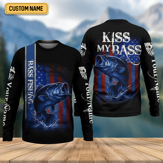 Joycorners Kiss My Bass Patriotic Fishing Shirt, SPF Shirt, Funny Fishing Shirt, Fishing Shirts For Men, Bass Fishing