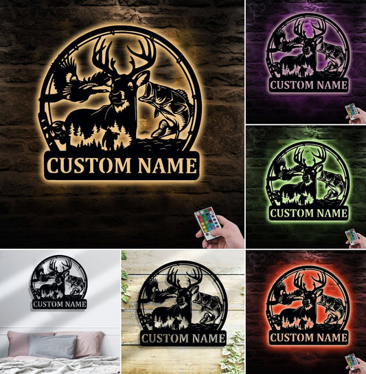 Maxcorners Personalized Deer, Fish & Duck Hunting Metal Sign WITH LED/WITHOUT LED, Rustic Wildlife Wall Decor for Cabin, Lodge, or Mancave MT0110