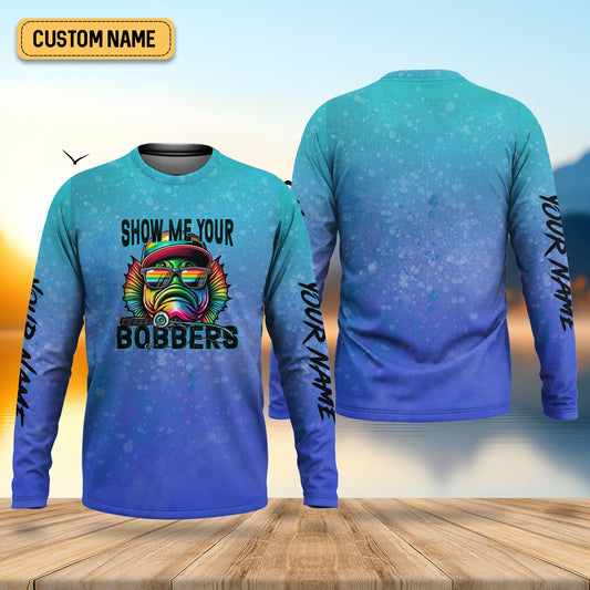 Joycorners Show Me Your Bobbers Shirt, Blue Neon Men Fishing Shirt, Funny Fishing Shirt, SPF Shirt