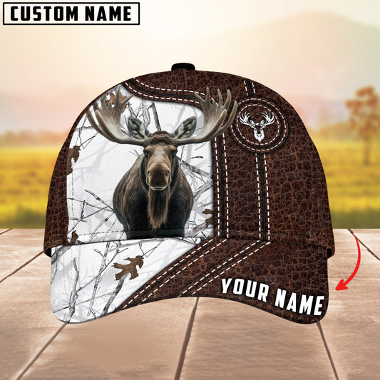 Joycorners Moose Hunting Premium Leather Pattern Mutilcolored Personalized Name 3D Cap