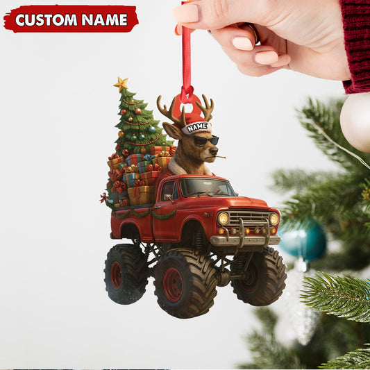 Joycorners Personalized Funny Deer Truck Acrylic Christmas Ornament – Custom Name Gift for Hunters & Outdoor Lovers MT1111