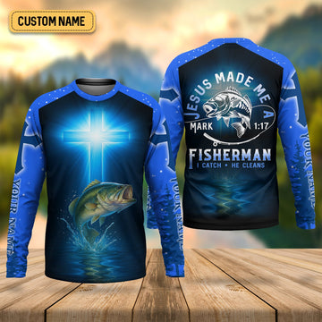 Joycorners Jesus Made Me A Fisherman SPF Long Sleeve Shirts, Jesus Fishing Shirt, Fishing Shirts For Men